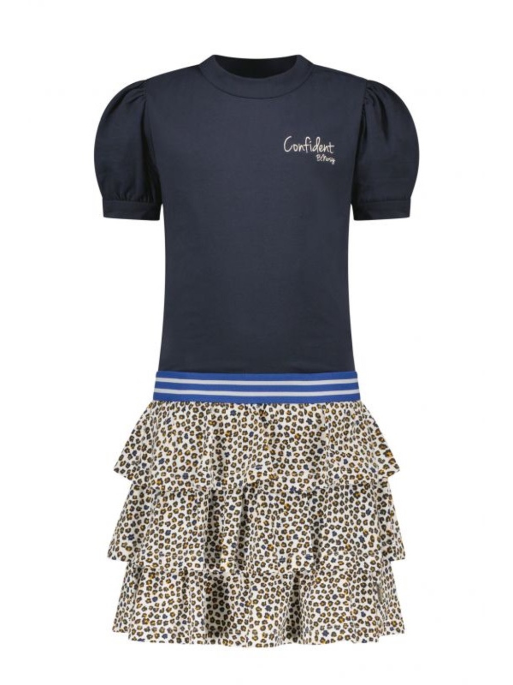 Girls Navy Puff-Sleeve Dress with Leopard Tiered Skirt